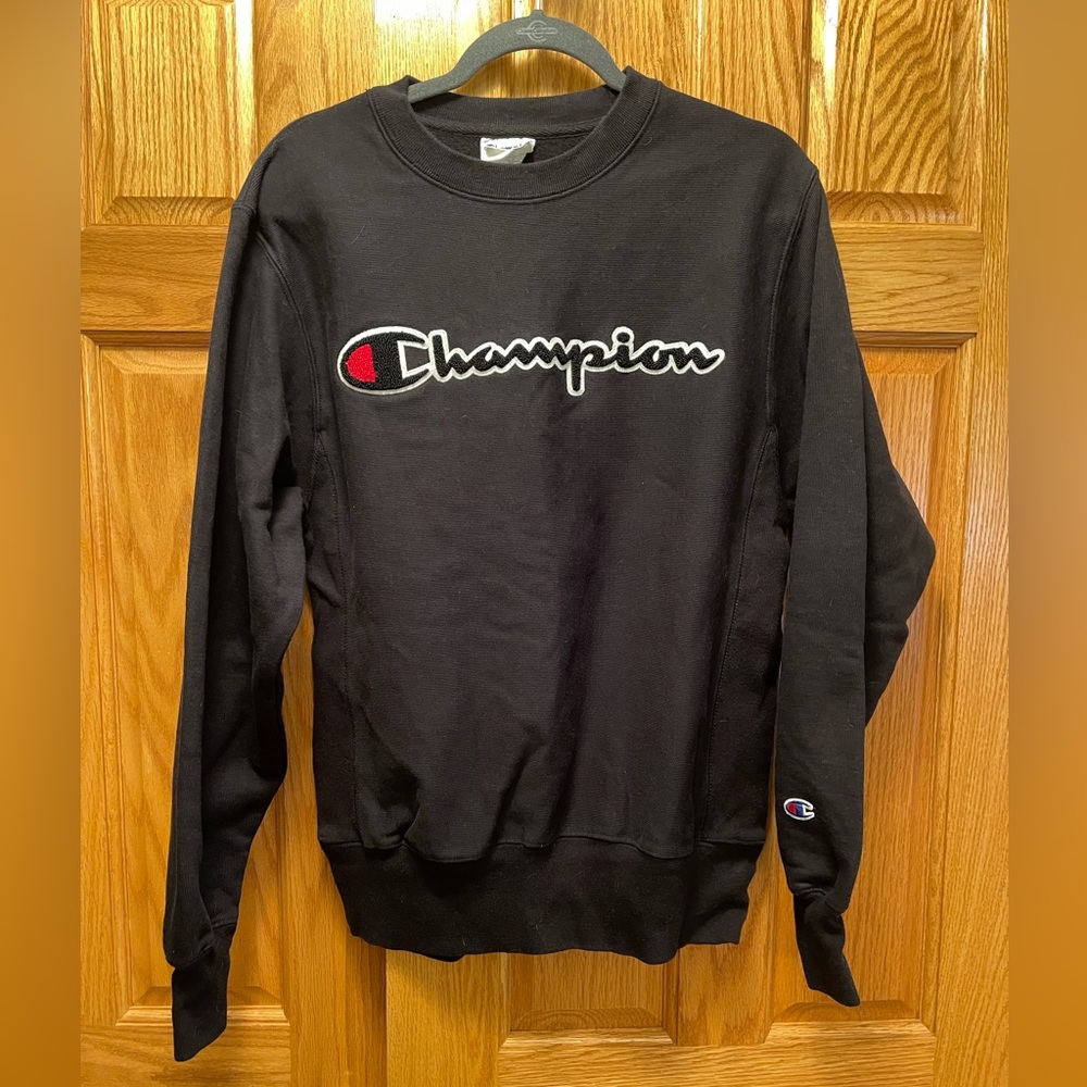 Champion Reverse Weave Black Pullover Sweatshirt Mens Embroidered Logo / Small